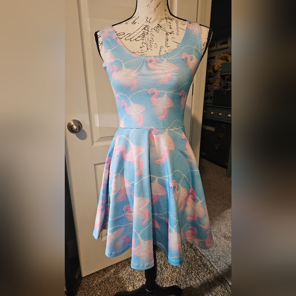 Flamingo Print Blue Dress